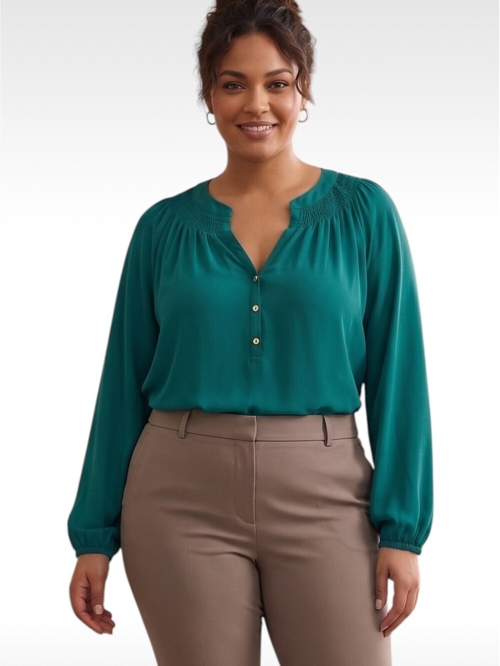 Lilly Pulitzer 100% Silk Teal Green Smocked Blouse Gold Button Henley Size XXL